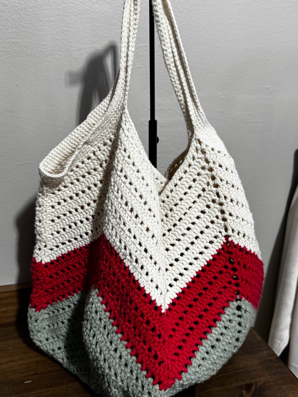 Handmade Crochet Hobo Tote Bag Boho Knit Shoulder Bag Cream Red Gray